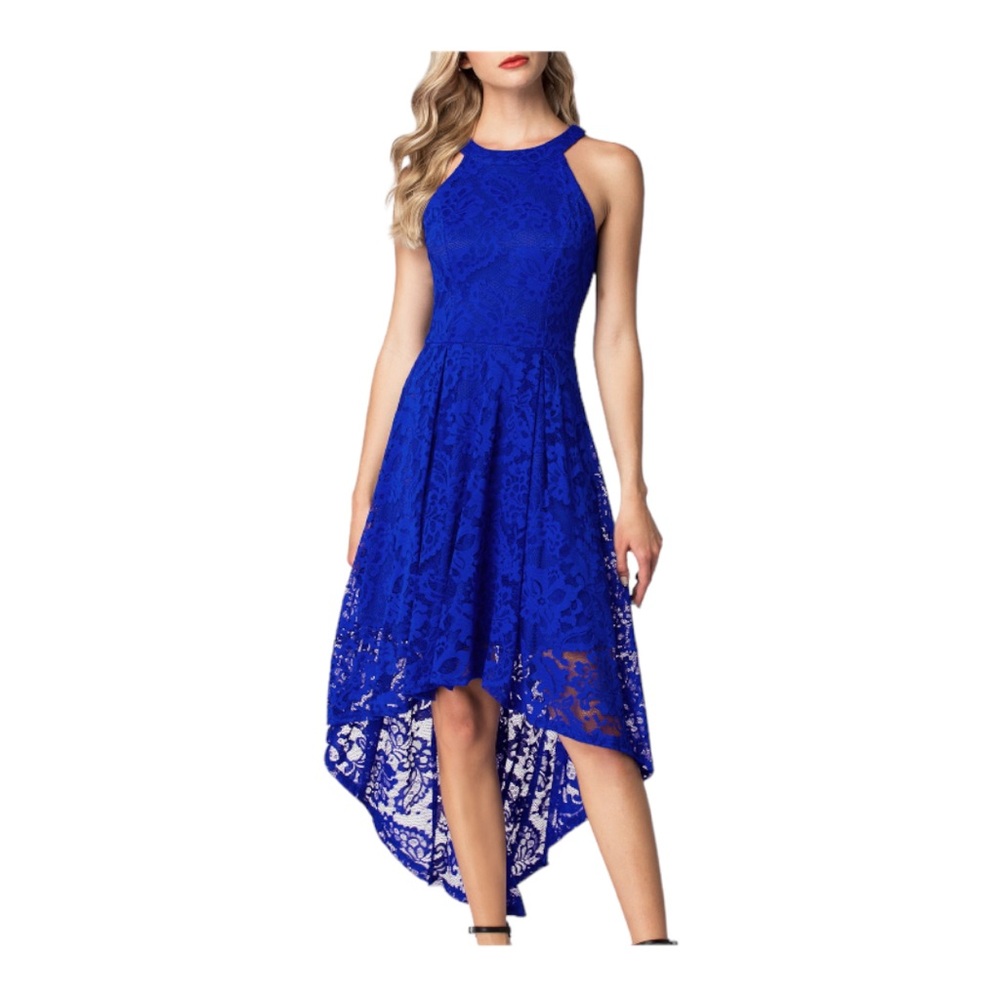 Dressystar Halter Floral Lace Hi-Lo Royal Blue Cocktail Dress | Size M
